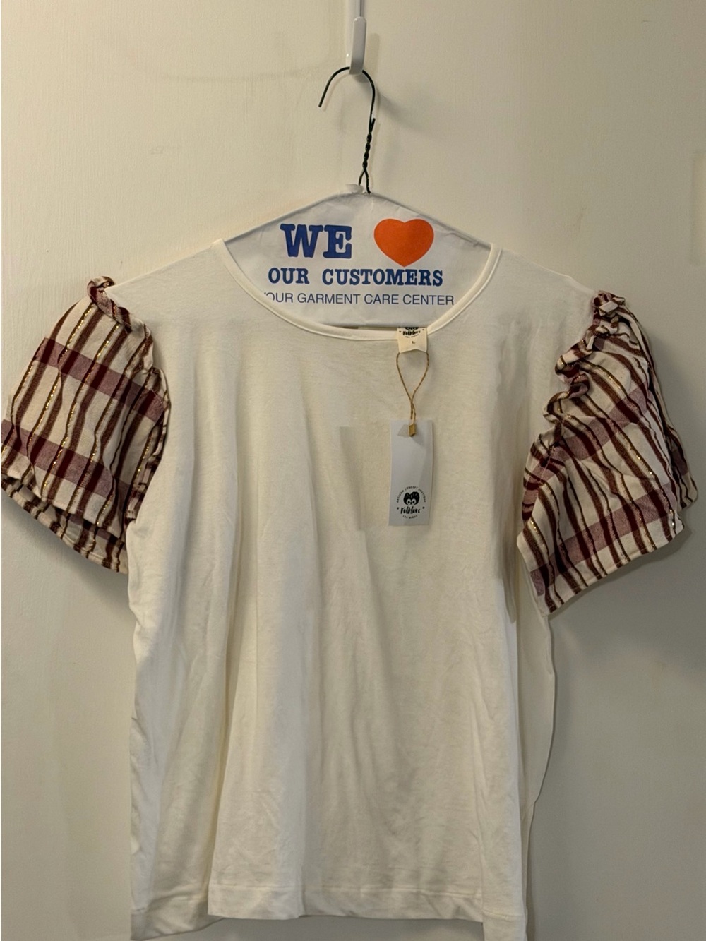 Folklore Las Niñas Girls' Cream Top with Burgundy Plaid Puff Sleeves